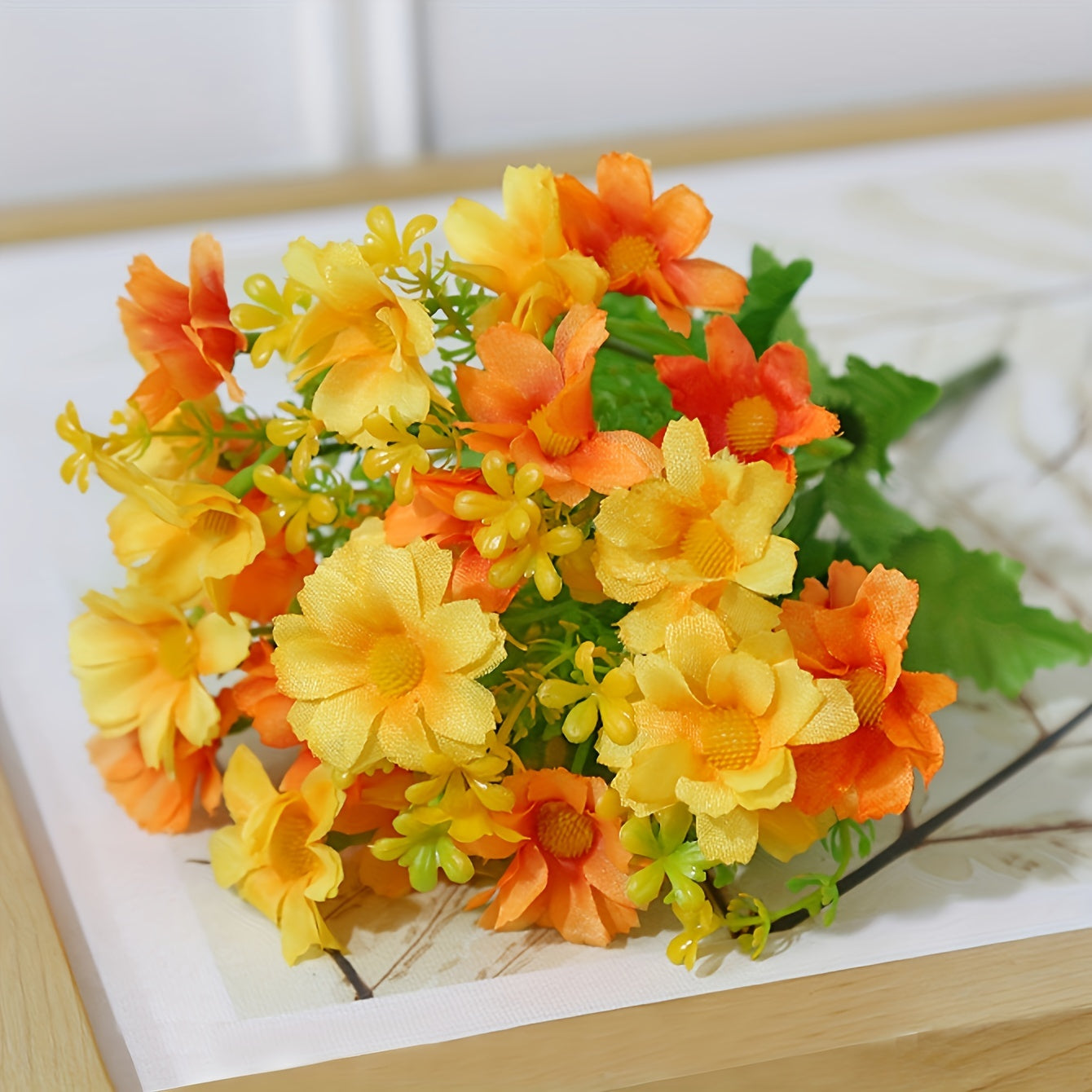 Prom artificial daisy bouquet with plastic faux wild chrysanthemums for indoor and outdoor decor.