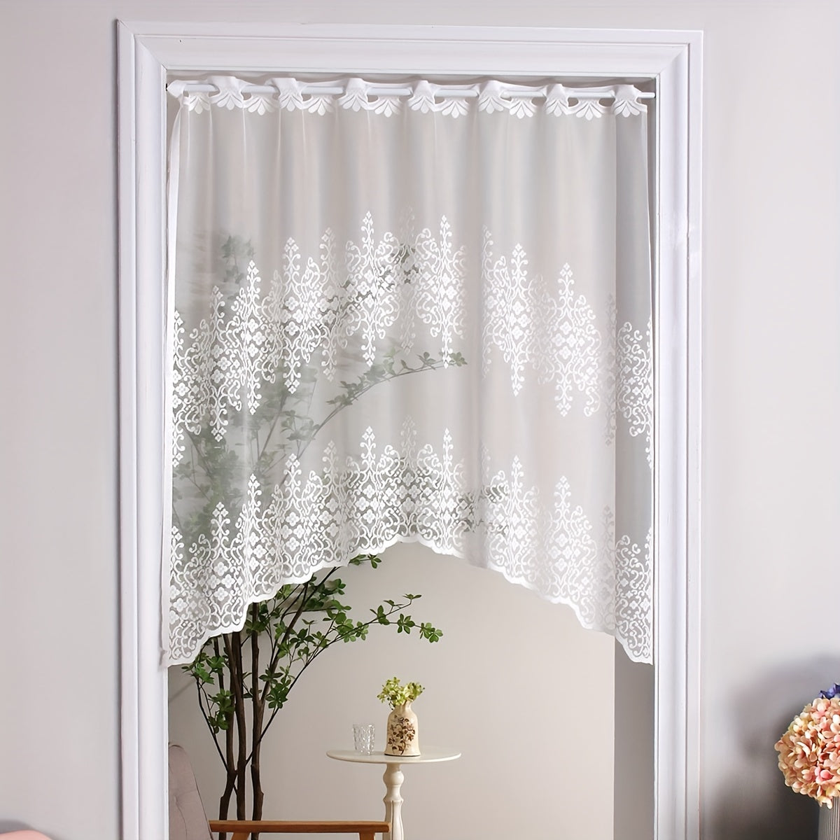 White lace cafe style curtains with geometric wavy pattern; suitable for living room, bedroom, kitchen, and home decor; comes in a set of 1 piece.