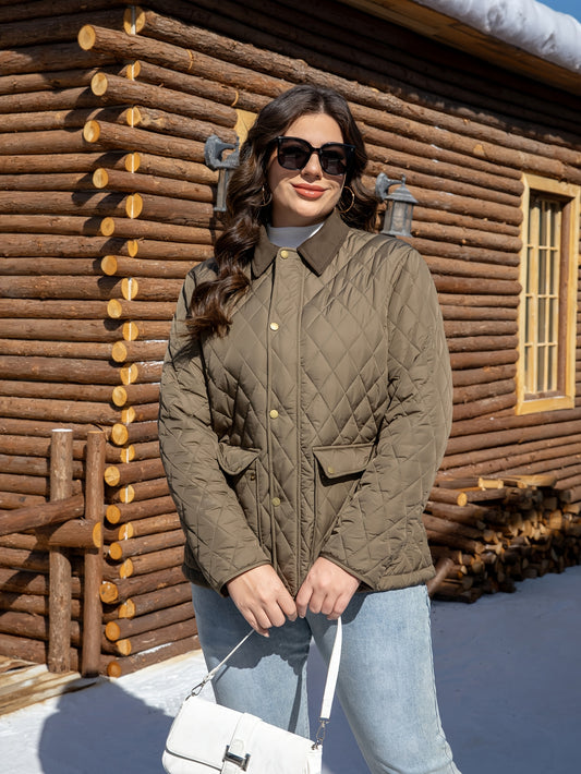 Stylish plus size lapel jacket in warm polyester with pockets for fall/winter. Quilted design, machine washable, and durable for everyday wear.