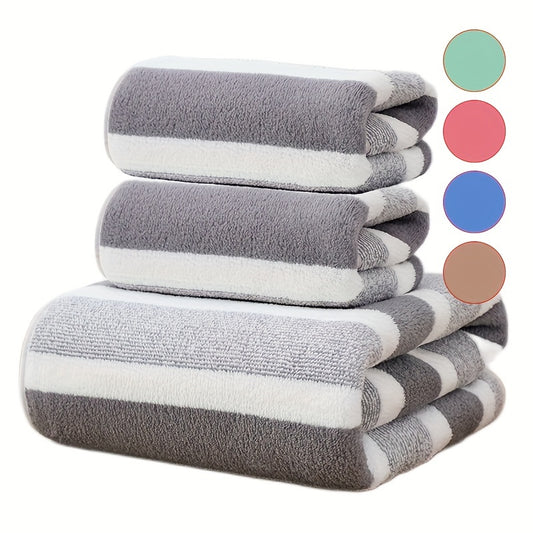 3-piece striped towel set includes 1 bath towel and 2 hand towels. Soft, absorbent, and quick-drying for the bathroom.