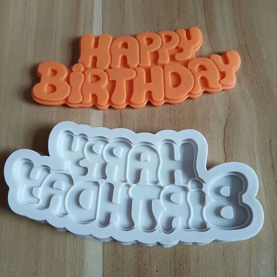 One piece of Happy Birthday Silicone Mold perfect for creating 3D Fondant shapes for DIY Pudding, Chocolate, Candy, Desserts, Gummy, Handmade Soap, Aromatherapy Candle, Plaster, Polymer Clay, and Ice Cubes. Ideal for Bakeware, Cake Decorating, Baking and