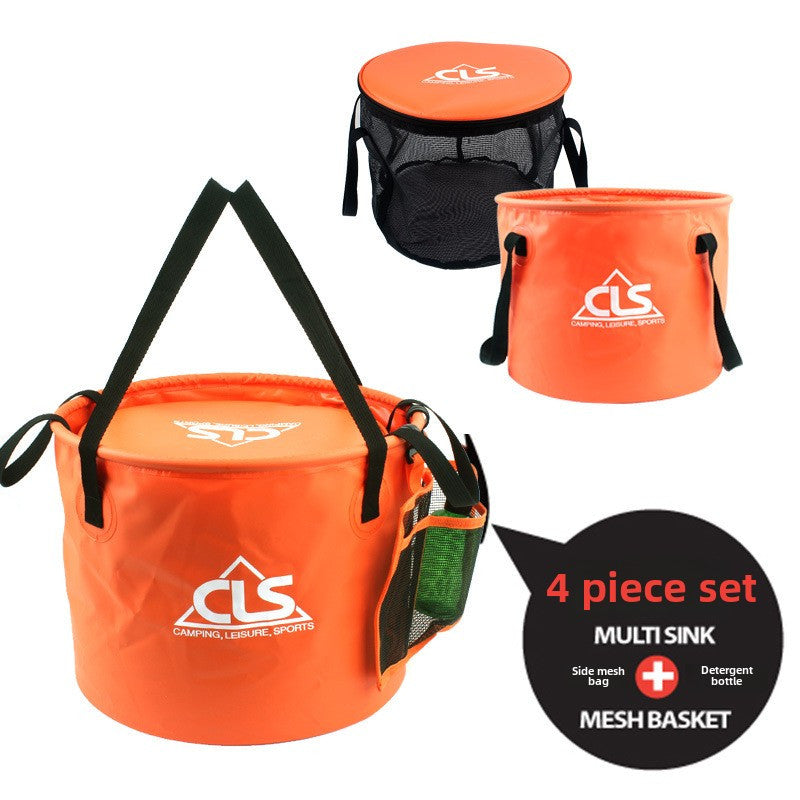 New Outdoor Folding Double Layer Bucket with Drain Basket for Washing Vegetables and Dishes, Great for Camping and Fishing. Includes Telescopic Fishing Bucket and Gear Bag.