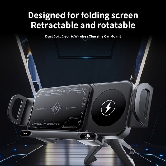 Wireless fast charging car holder for foldable screen phones, compatible with iPhone and Samsung Galaxy series. Charging output up to 15W.