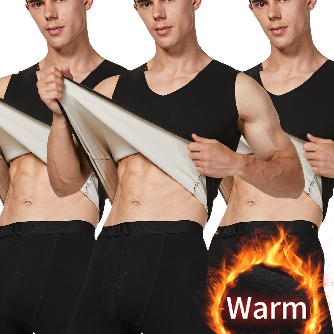 Warm, V-neck 3-pack men's vest set made of polyester and spandex blend for hiking and outdoor activities.