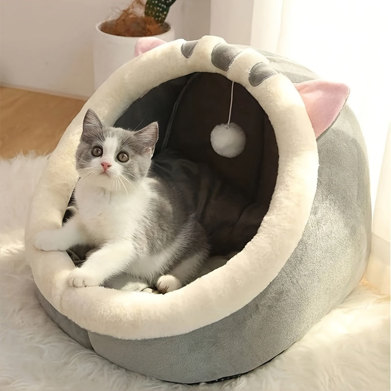 Plush cat house with cushion for all-sized cats, suitable for all seasons.