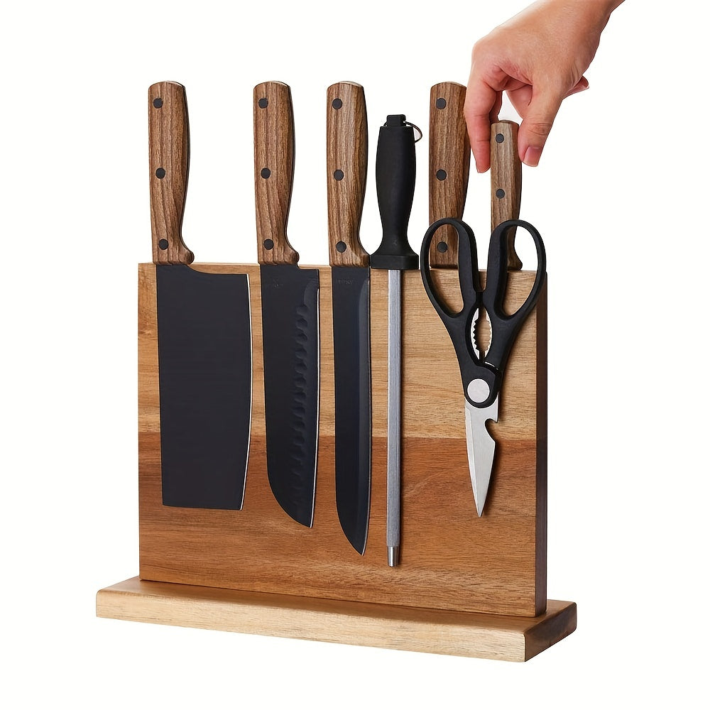 Wooden Knife Block with Magnetic Double-Sided Design - Versatile Kitchen Organizer for Knives and Utensils