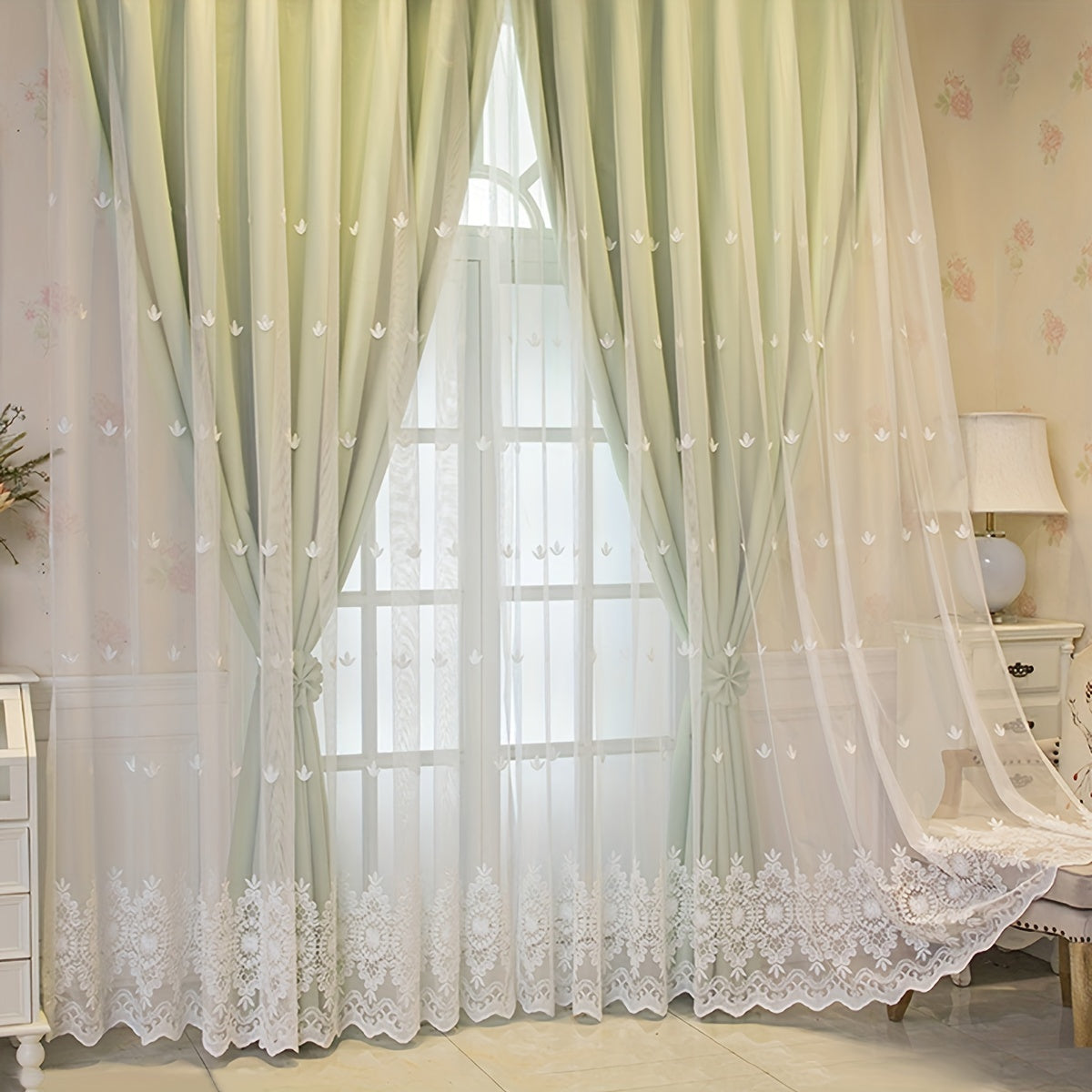 Modern embroidered sheer curtain made from 100% polyester with a rod pocket design, perfect for living room or bedroom. Features a geometric pattern and should be hand washed only. This decorative unlined mesh fabric provides a pastoral style that is