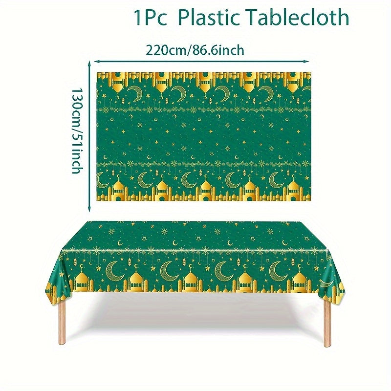 Eid Mubarak plastic table cover for Ramadan parties, 220x130cm, machine-made weave, perfect for Eid Al-Fitr celebrations.