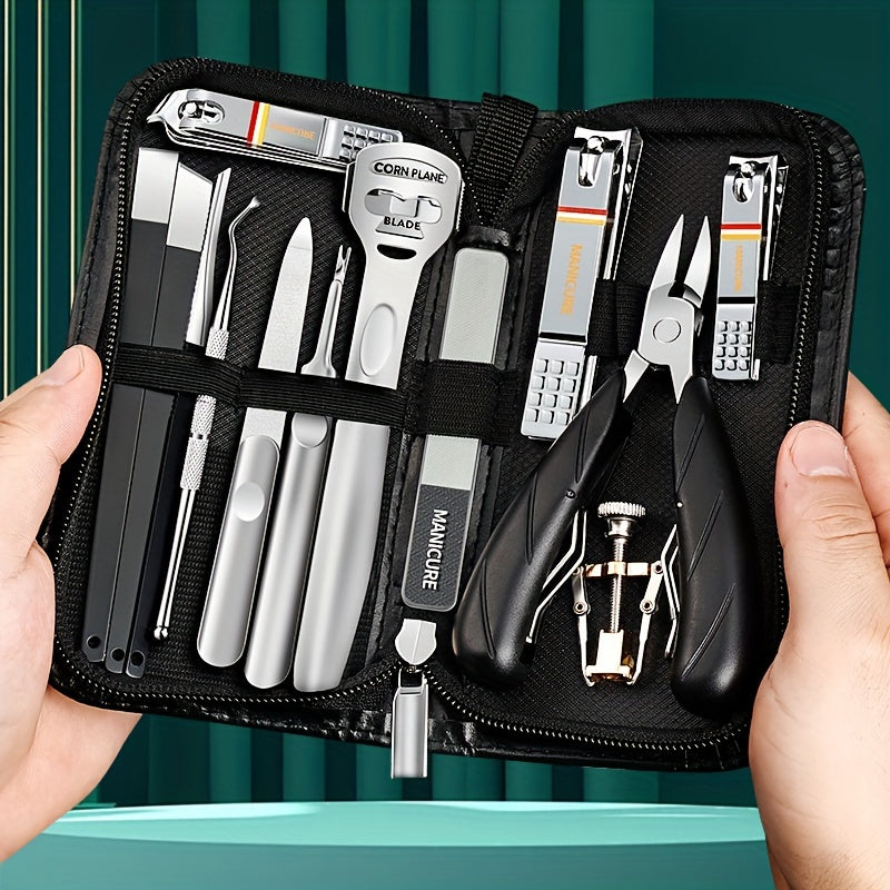 14-piece stainless steel pedicure kit with storage case, suitable for both home and salon use. Ideal for men and women.