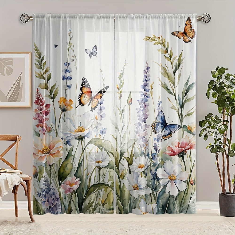 Get two stunning Vibrant Floral & Butterfly Print Sheer Curtains for your living room or bedroom. Made from high-quality polyester, these curtains are easy to hang with a rod pocket design. Their semi-transparent finish adds a touch of elegance to your