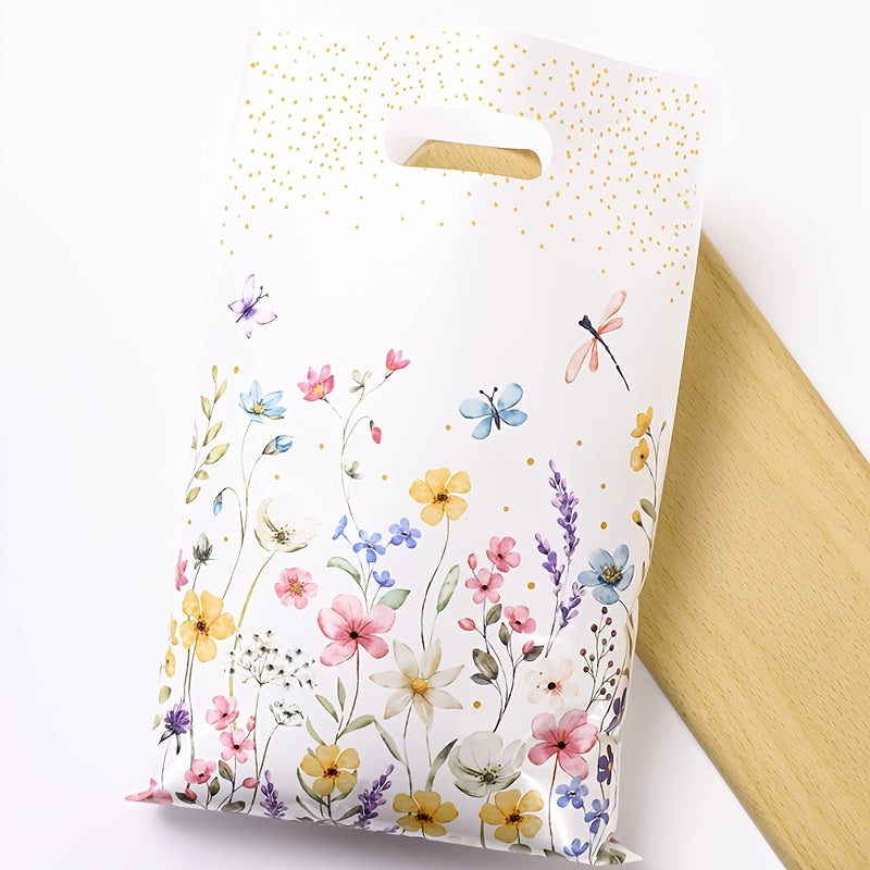 10/25/50pcs of Wildflowers Theme Plastic Gift Bags with Leaf and Flower Design - Punch Hole Handle, ideal for Mother's Day, Weddings, Birthdays.