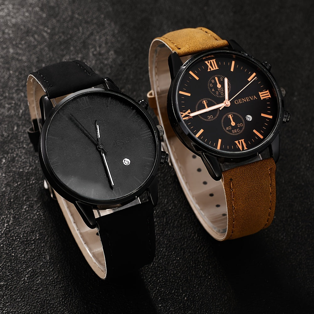 Exquisite 2-Piece Men's Quartz Watch Set featuring Calendar - Ideal for School, Graduation, or any Special Occasion - Crafted with Luxury Leather Straps, Non-Waterproof, Analog Display, and Stylish Alloy Cases