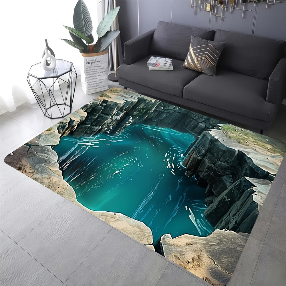 Enhance your bedroom or living room decor with this 3D Visual Illusion Rug. Made of lightweight, machine-washable polyester, this non-slip carpet has a thickness of 0.99 cm, making it both stylish and practical for any space in your home.