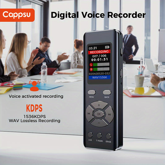 Cappsu 72GB Digital Recorder with Dual Microphone, HD Recording, A-B Repeat, Noise Reduction, Voice Activation, and headphone/microphone compatibility.