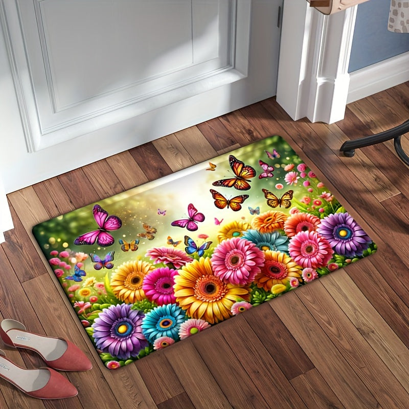 1 piece of Flannel Flower Anti-fatigue Kitchen Carpet with Sunflower Absorption and Anti-slip features, Butterfly Stain Resistant and Waterproof Mat for comfort in any room.