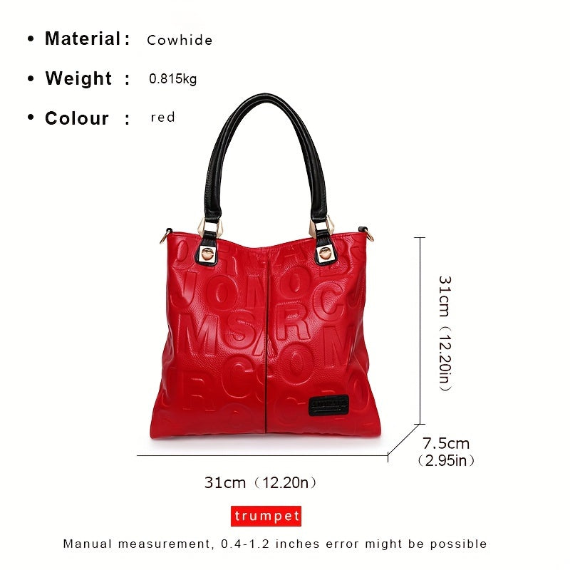 Luxurious red cowhide tote bag for women with geometric pattern, zip closure, polyester lining, and genuine leather material.