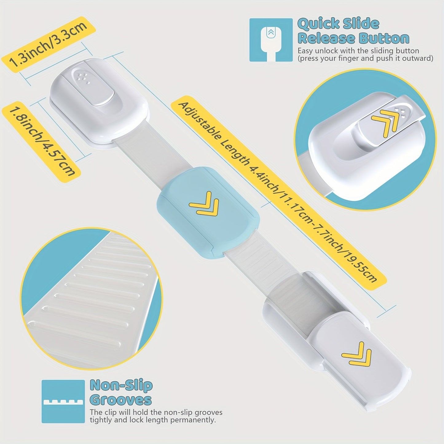 Set of 4 Easy-to-Install Child Safety Locks - Adjustable Cabinet & Drawer Latches for Childproofing, No Drilling Required, Made of Lead-Free White Plastic