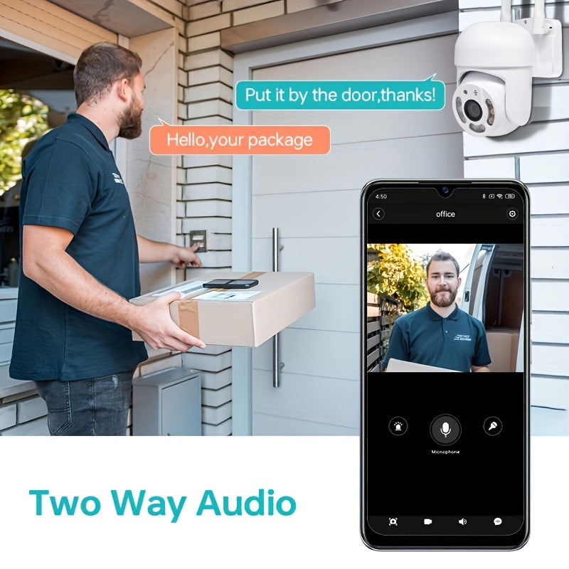 Outdoor WiFi security camera with waterproof design, featuring pan tilt automatic tracking and audio CCTV monitoring. This 360 IP camera provides day and night full-color AI humanoid motion detection, along with two-way voice intercom. Stay secure with