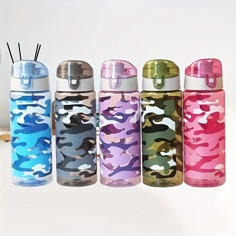 Camouflage sports water bottle, 600ml capacity, ideal for camping, hiking, fitness, and outdoor activities. Suitable as a birthday gift for travel enthusiasts.