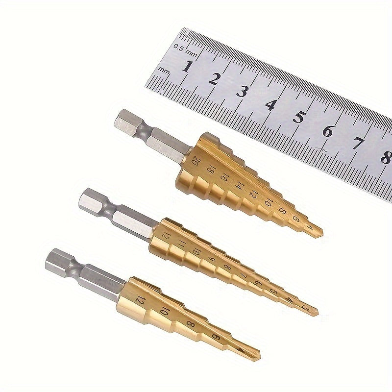 HSS Step Drill Bits with Titanium Coating, Ideal for Precision Drilling in Wood and Metal.