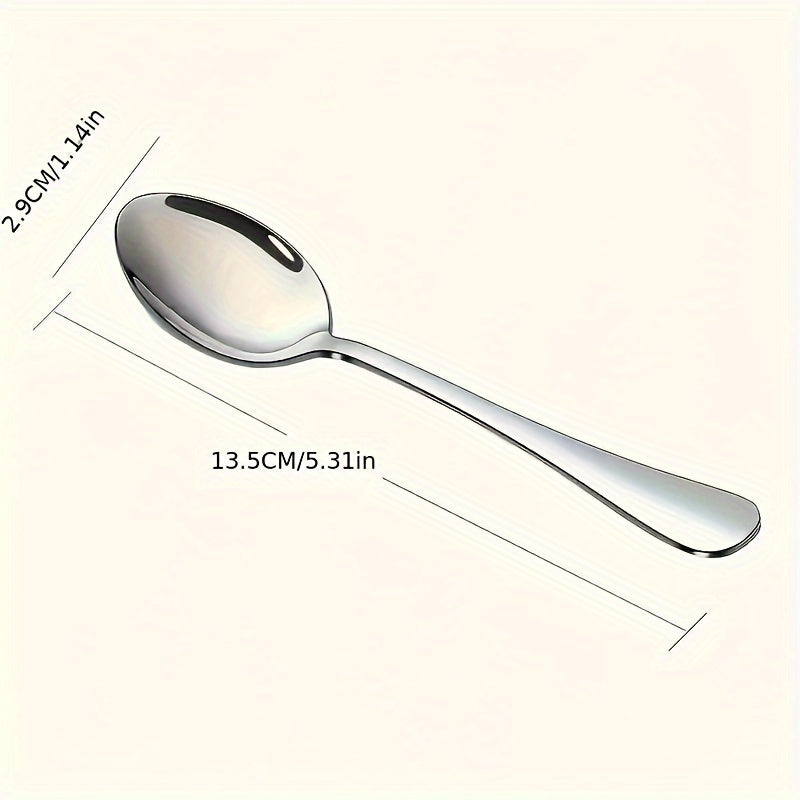 Set of 6 stainless steel spoons: tea, dessert, coffee, and stirring. Dishwasher safe for restaurant use.