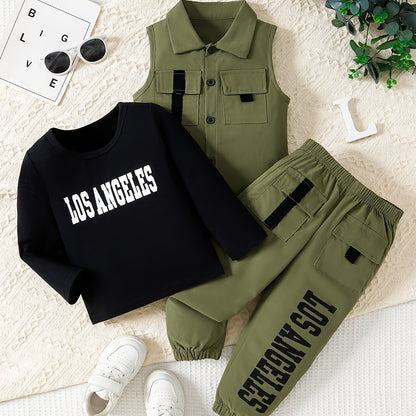 Boys' 3-piece casual outfit set made of cotton blend material. Includes long sleeve shirt, vest, and pants with button details and slight stretch. Suitable for spring/fall season, regular