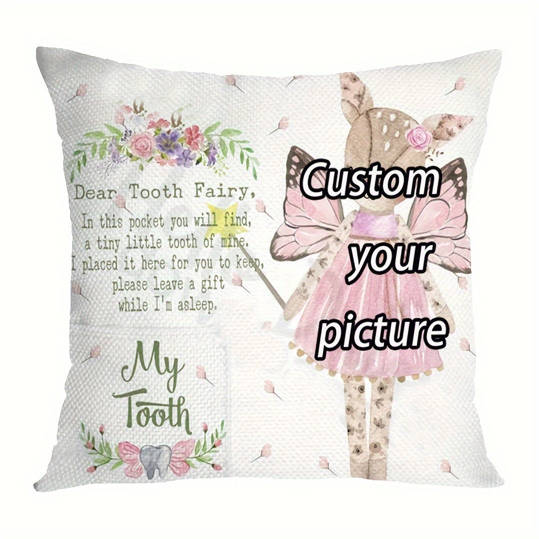 Personalized Tooth Fairy Pillow - Soft Short Plush Single-Sided Pillowcase with Pocket (45.72x45.72 cm) - Customize with Photo and Name - Made of Polyester Material for Home Decor - Perfect for Ages 14+ (1PC, Cover Only)