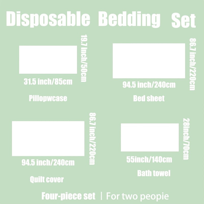 Set of four disposable sheets, quilts, and pillowcases designed for single individuals, while a three-piece set is available for couples. Also included are disposable bath towels and travel bedding that are dirt-proof, portable, comfortable, soft, and