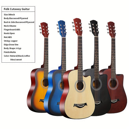 Beginner kit for a 96.52 cm acoustic guitar, featuring a basswood panel with matte finish, 18 frets, and includes bag, picks, strings, and strap.