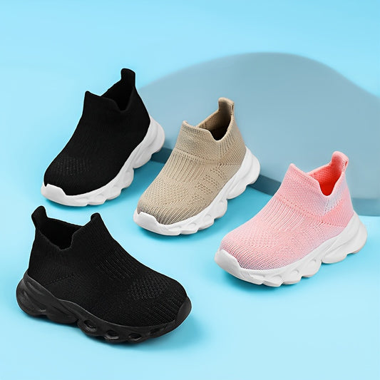 Kids' slip-on sneakers with breathable knit material, EVA sole, and low-top design. Perfect for daily wear, outdoor activities, and all seasons. Cute and comfortable footwear for boys and