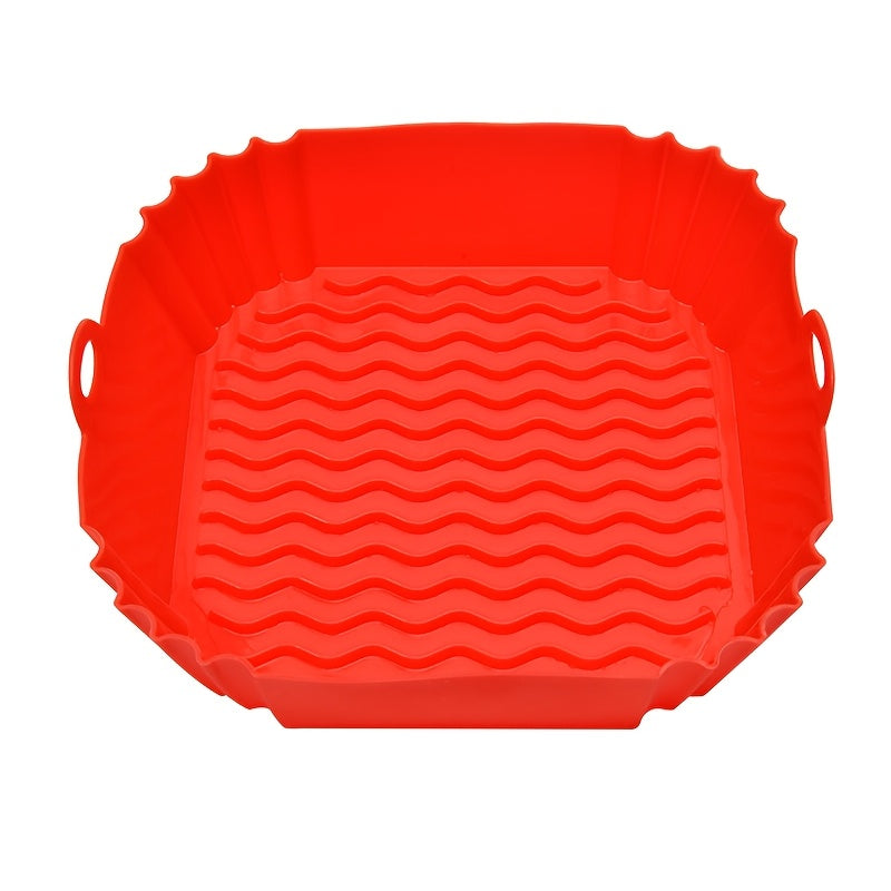 Reusable Silicone Air Fryer Liner in Square Shape, 20.32cm Size, Non-Stick and Food-Safe. Compatible with 4-7QT Ovens, Microwave, and Refrigerator. No Electricity Required. Available in Red and Blue.