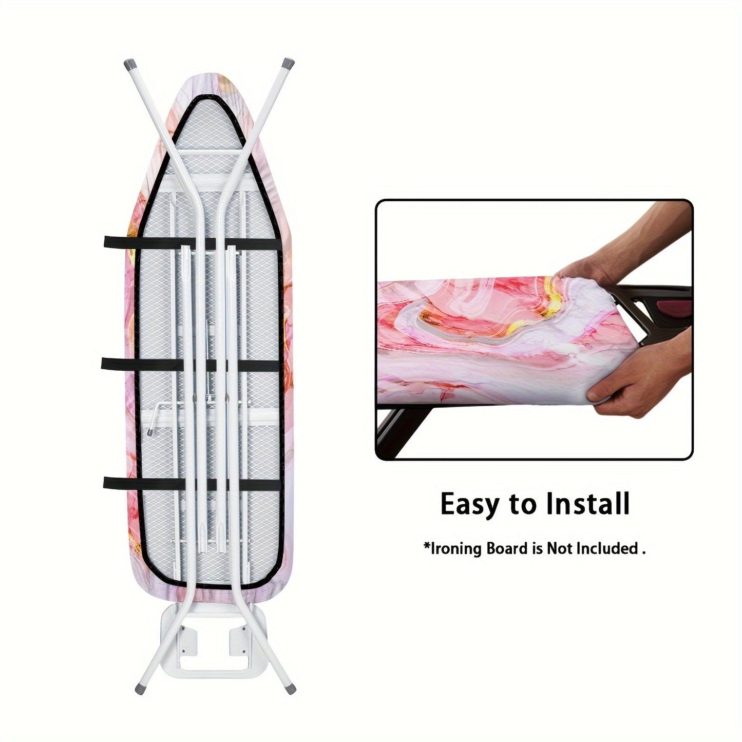 Upgrade your ironing experience with the 1pc RSHUBINO Extra Large Marble Pattern Ironing Board Cover. Made with no-heat resistant material and a washable PET dust cover, this easy-to-install accessory is designed to fit ironing boards measuring