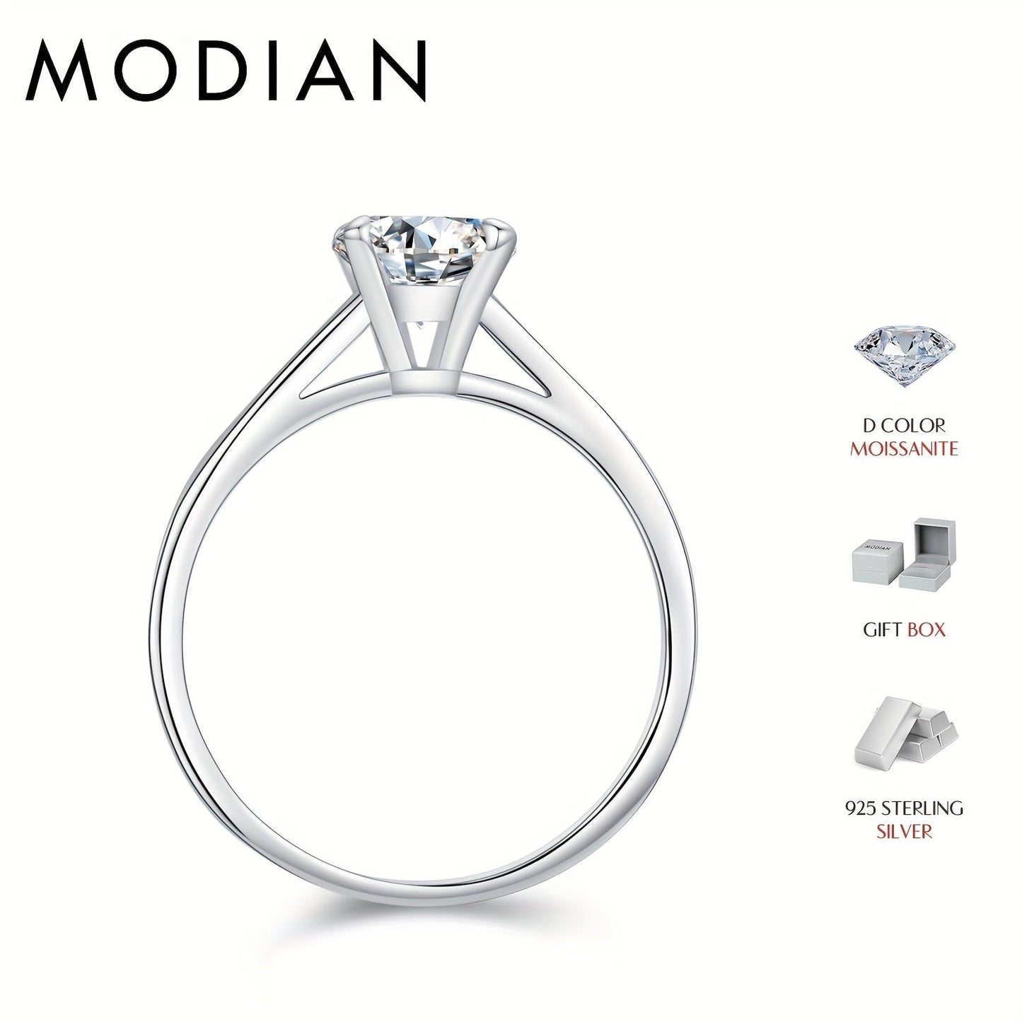 Stunning MODIAN 1 Carat Moissanite Engagement Ring for Women featuring a 925 Sterling Silver Band, Classic 4-Prong Solitaire Setting with D Color VVS Clarity, Round Brilliant Cut Stone. Perfect for Weddings and Valentine's Day, makes a beautiful jewelry