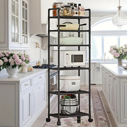 Sturdy 5-Tier Metal Kitchen Cart with Wheels, Moveable Storage Rack for Home Organization in Kitchen, Living Room, or Bathroom, Strong Reinforced Frame, No Electricity Needed.