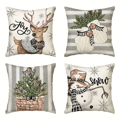 Set of 4 Christmas polyester throw pillow cases featuring reindeer and eucalyptus design. Ideal for decorating outdoor living rooms, bedrooms, couches, and sofas.