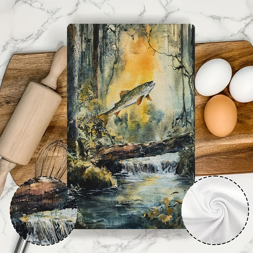 Two pieces of ultra soft kitchen towels featuring a serene forest stream and salmon jump design. These highly absorbent towels are machine washable and perfect for drying dishes or hands. With a contemporary style, each towel measures 40.64x60.96 cm.