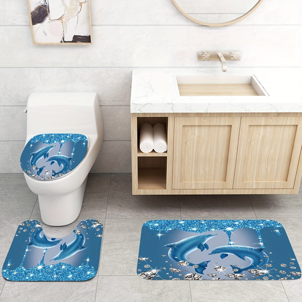 Diamond dolphin print shower curtain set with hooks, bath mat, rug, and toilet lid cover. Waterproof polyester fabric for all seasons.