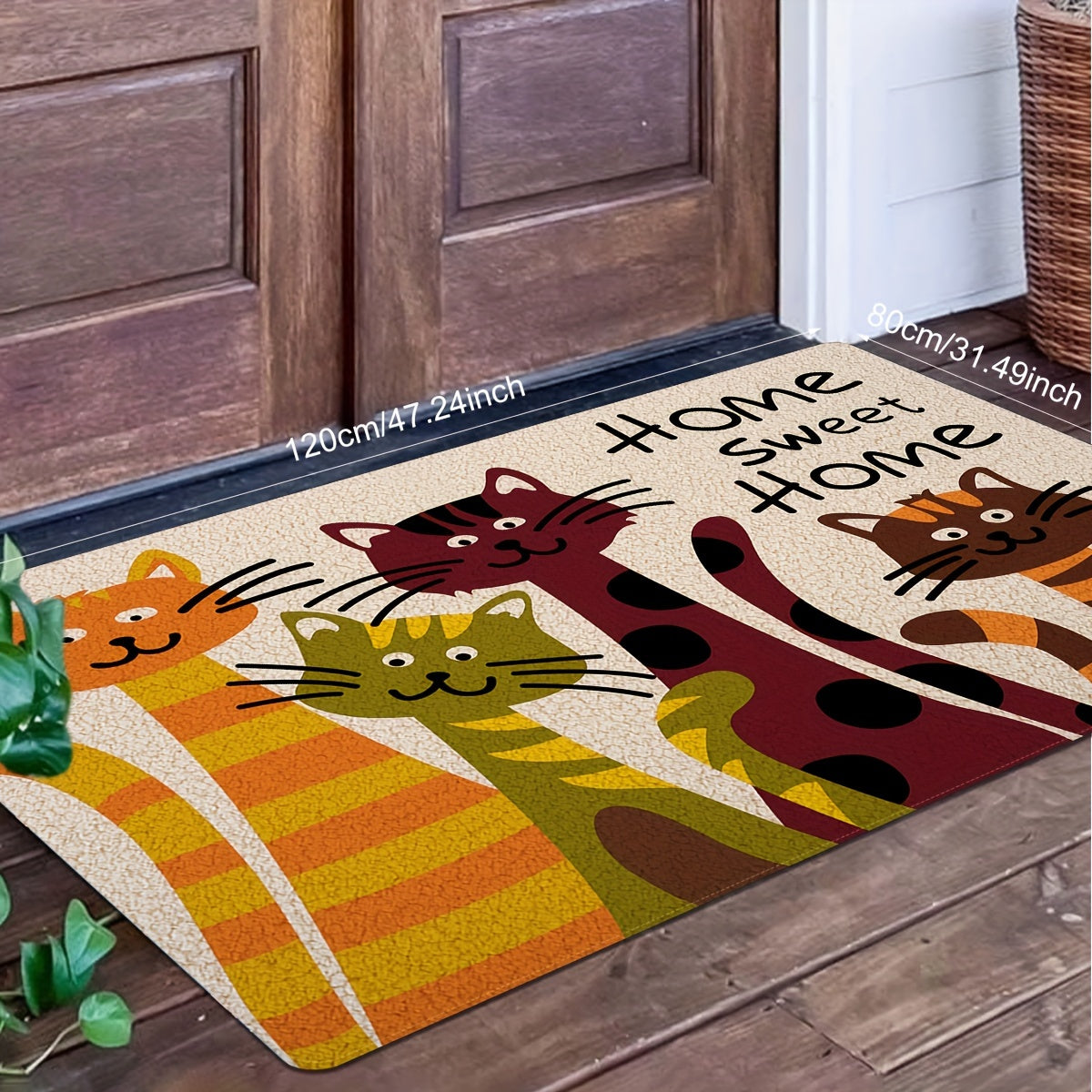 One piece of an entrance floor mat, featuring a giant cat homecoming alphabet print pattern. Made of polyester, this non-slip and stain-resistant floor mat is suitable for indoor and outdoor use as a doormat for the entrance.