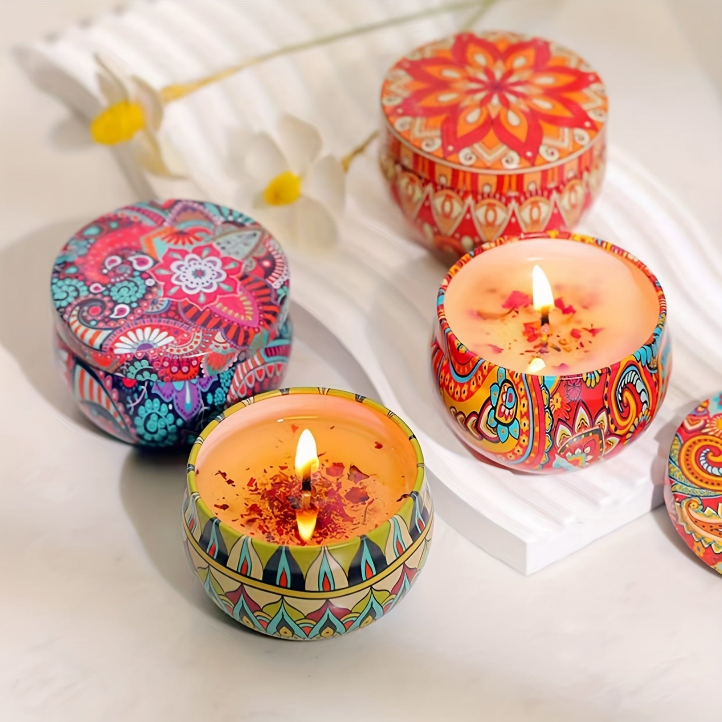 4-piece candle set with random fragrance cans (jasmine, sandalwood, small Canglan, rose) for stress relief, relaxation, bathing, yoga, and as holiday gifts.