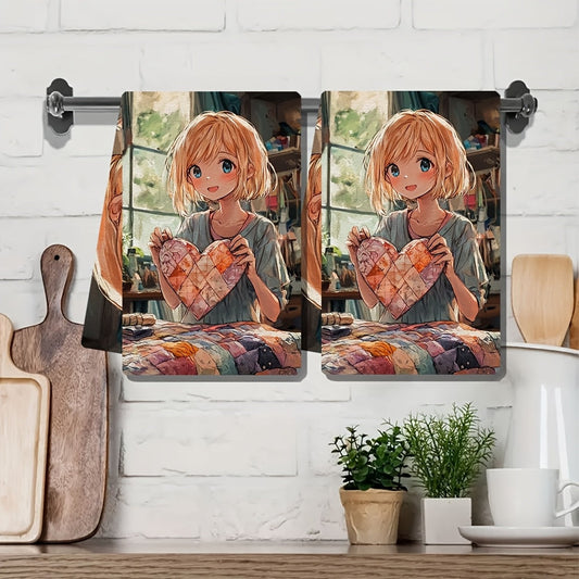 Set of 2 Kitchen Towels featuring an Anime Girl with Short Blonde Hair creating a Heart Shaped Quilt. These Ultra Soft and Highly Absorbent Dish Hand Towels are perfect for holiday decor. Machine Washable and measuring 16x24 inches. Item number