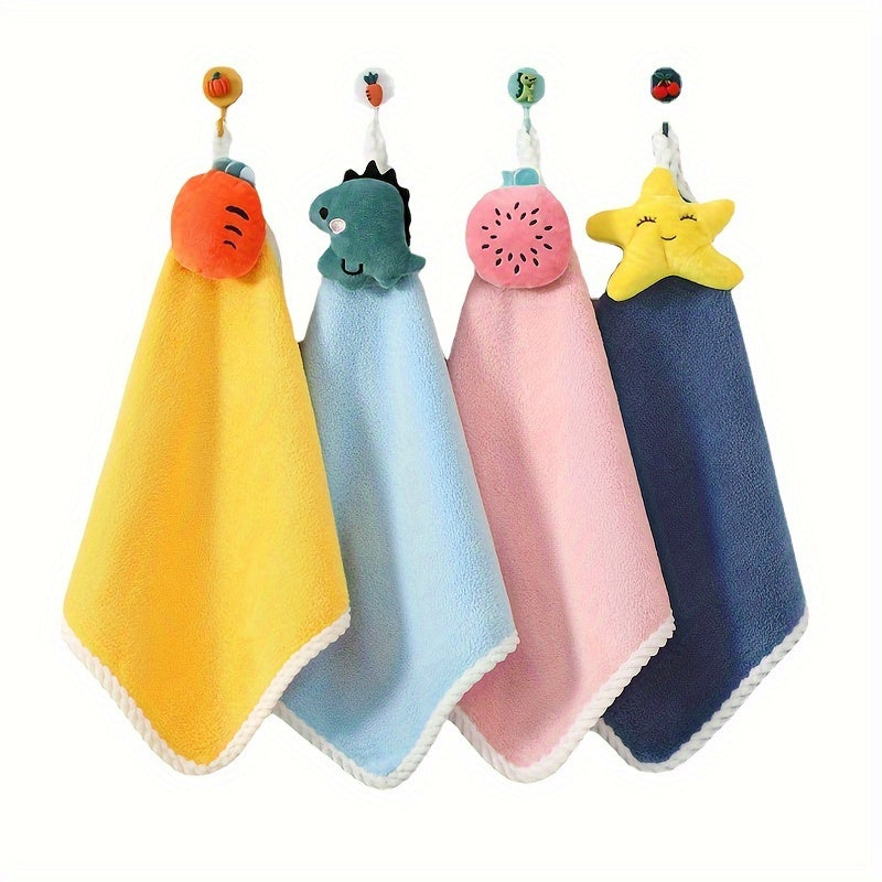 Set of 4 Hanging Hand Towels, Adorable Cartoon Design, Highly Absorbent Ultra Soft Coral Velvet Cloths