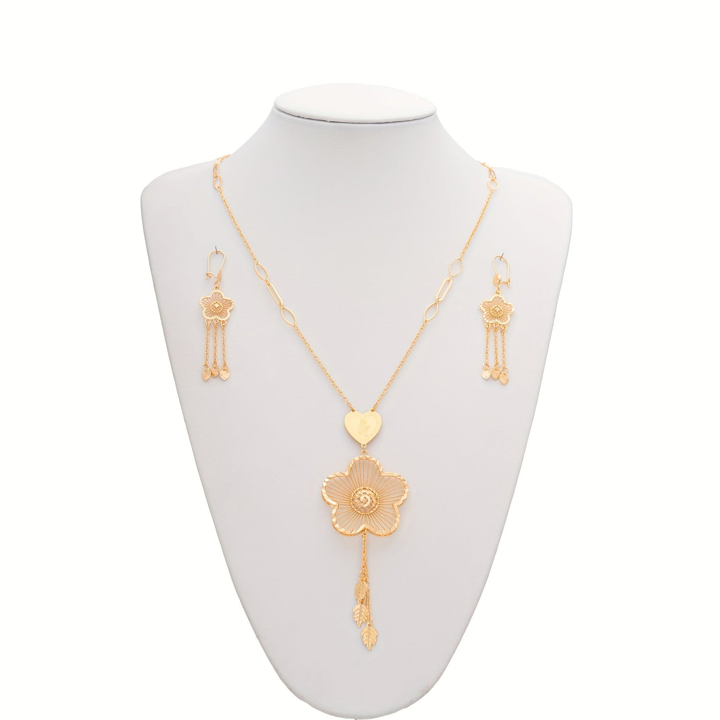 Exquisite 3-Piece Jewelry Set in Arabian Style, Featuring a Champagne Golden Flower Pendant Necklace and Earrings, Crafted from High-Quality Brass, Perfect for Ramadan Celebrations, Weddings, Parties, and Every Season