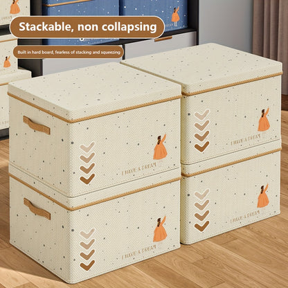 Stylish foldable fabric storage box with lid. Ideal for clothes, toys, and home organization in bedroom, living room, or dorm.