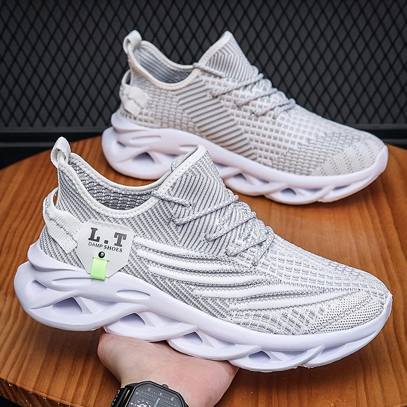 Men's Blade Knit Running Shoes: Breathable, Shock-Absorbing, Comfortable Lace-Up Sports Sneakers with Soft EVA Sole. Suitable for Outdoor Road Jogging. Casual Fashion Style. Low Top. Fabric