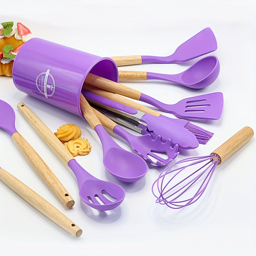 Set of 11/12 pieces Kitchenware with Wooden Handles, including Silicone Non-stick Pot, Cooking Shovel, Spoon, Storage Bucket, and Non-stick Shovel. An essential collection of high-quality kitchen utensils and items.