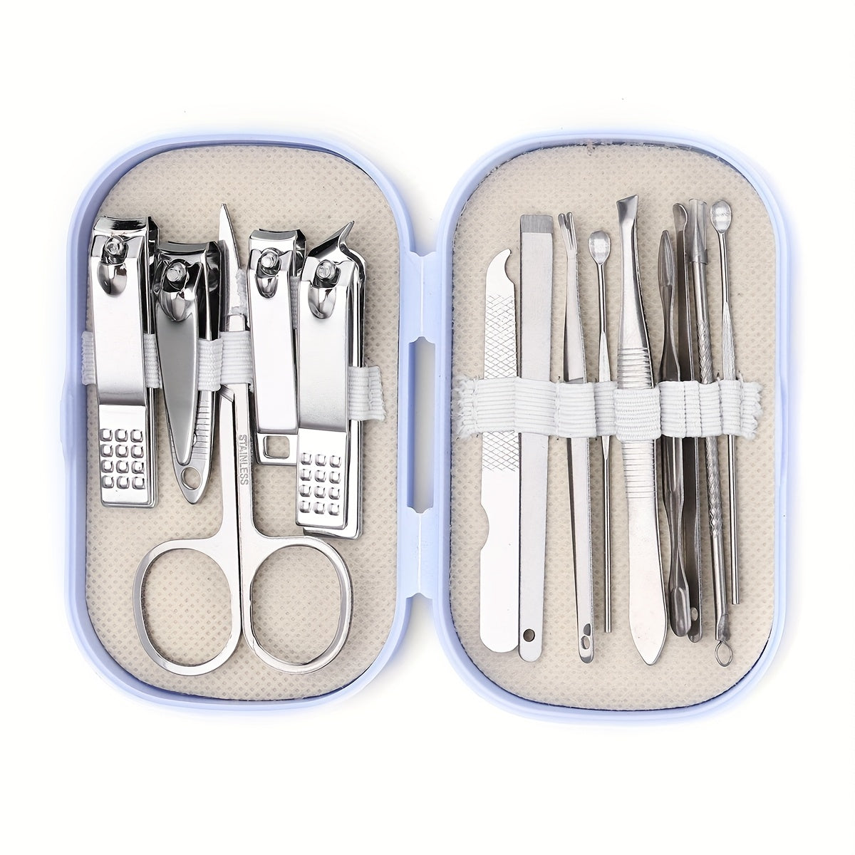 Modern 14pcs stainless steel nail and foot care tools set in portable storage box. Includes nail clippers and shaping tools. Unisex, fragrance-free, lightweight. No electricity or batteries