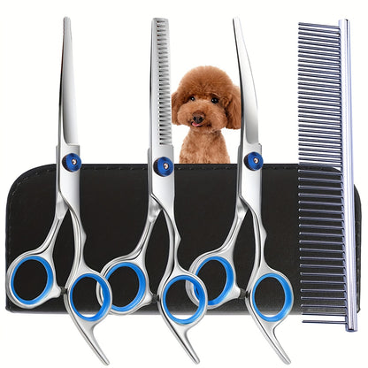 Stainless Steel Pet Grooming Scissors Set with Safe Rounded Tips for Dogs & Cats, Easy-to-Use, Includes Cleaning Tools