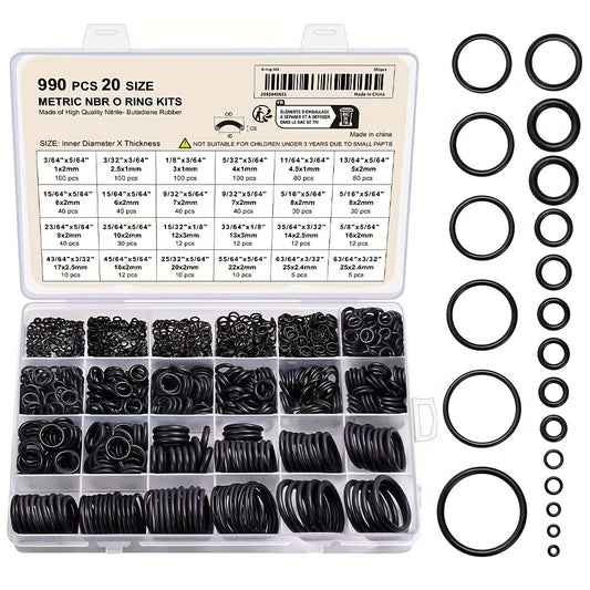 990pc Nitrile Rubber O-Ring Kit, 70A Durometer, Round Cross Section, 20 sizes for various sealing applications.