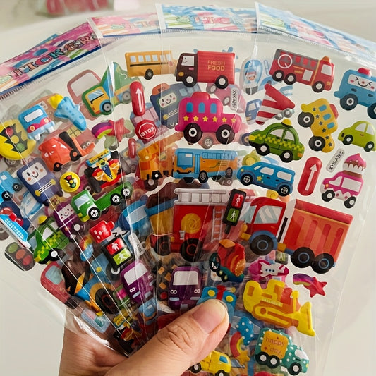 Set of 8 cartoon vehicle stickers featuring 3D Stereoscopic Cars, Fire Trucks, and Excavators. Fun and educational reward stickers in mixed colors, self-adhesive plastic.