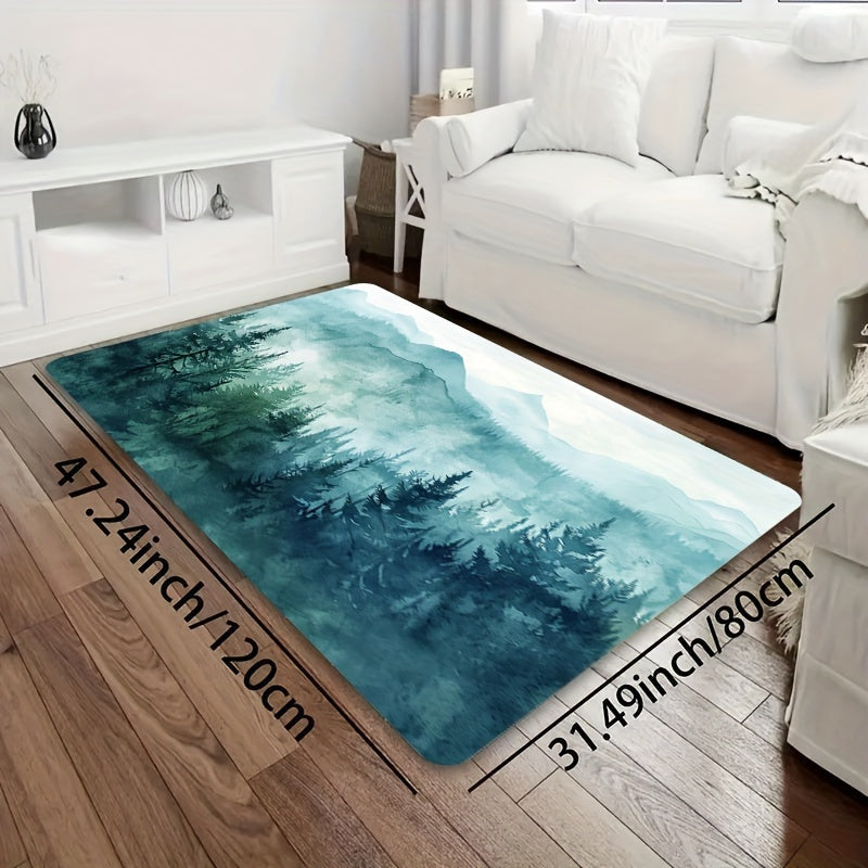 Forest Big Mountain Pattern Bathroom Carpet with Foam Cushion and Skid-Proof Bottom for Kitchen, Living Room, Bedroom, and Indoor Spaces. Machine Washable Entrance Doormat for Home Decor.